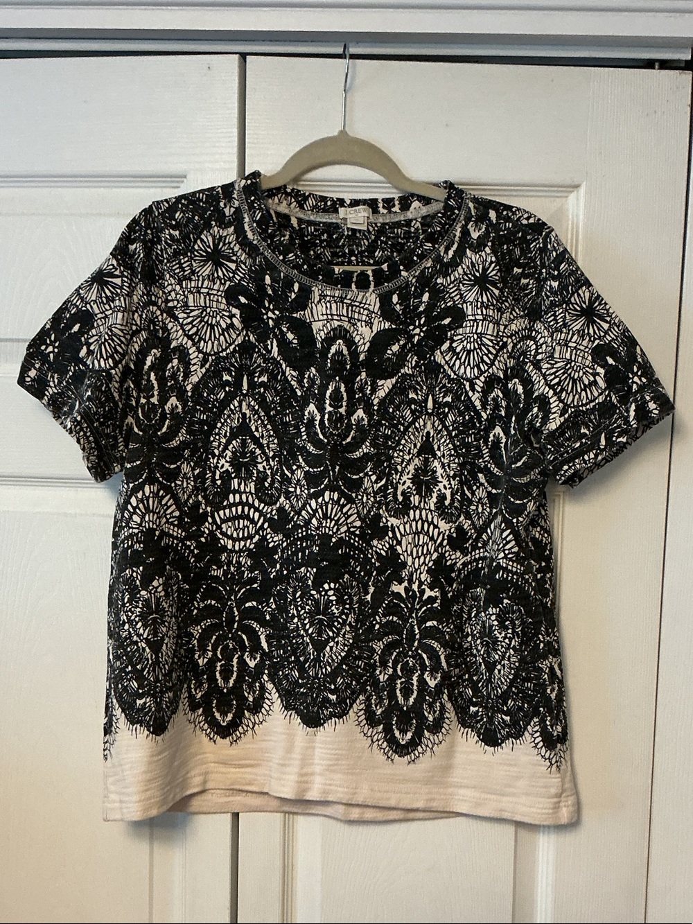 J. Crew Black and White Lace-Pattern Short Sleeve Tee